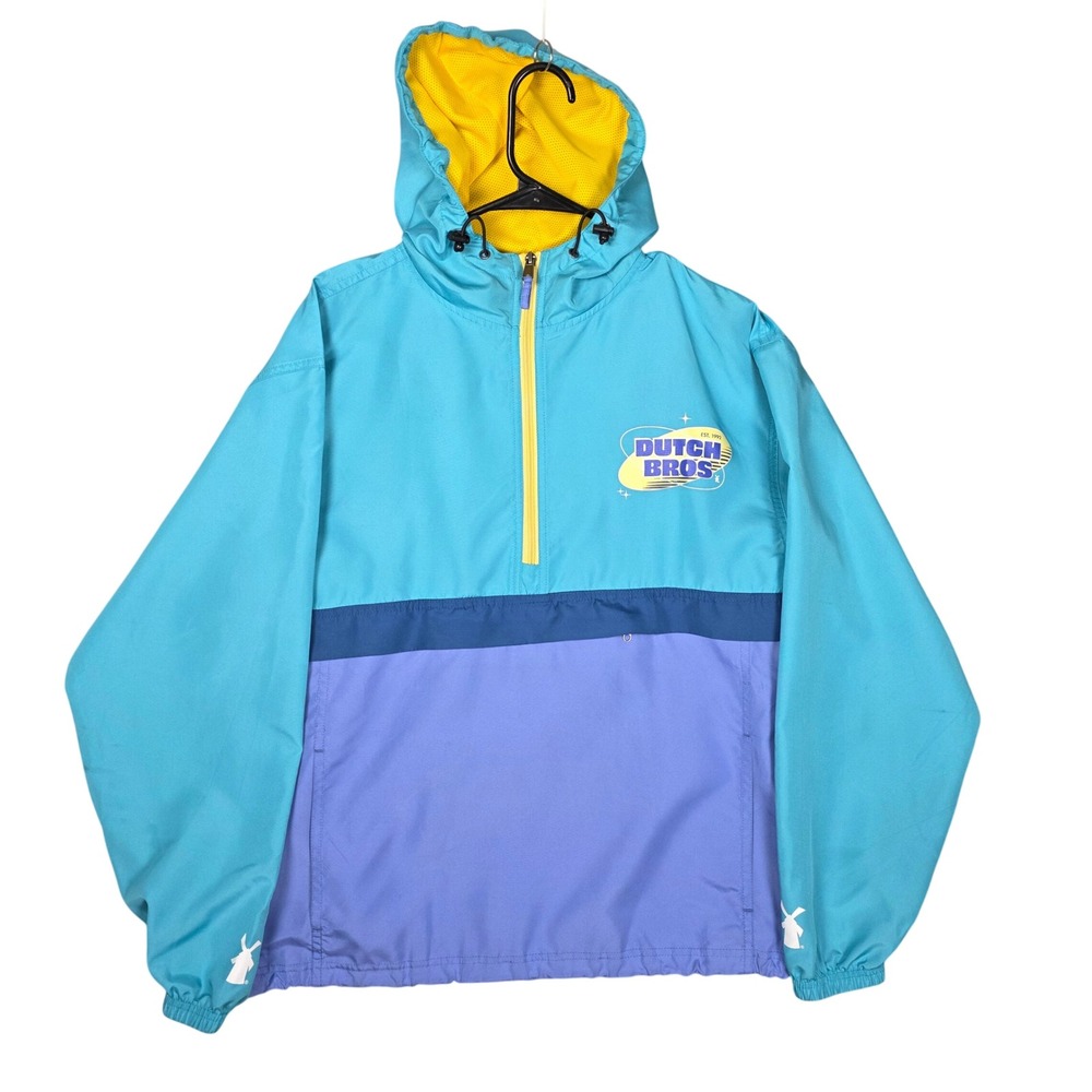 Dutch Bros Half Zip Hooded Windbreaker Unisex Size‎ M Teal Blue